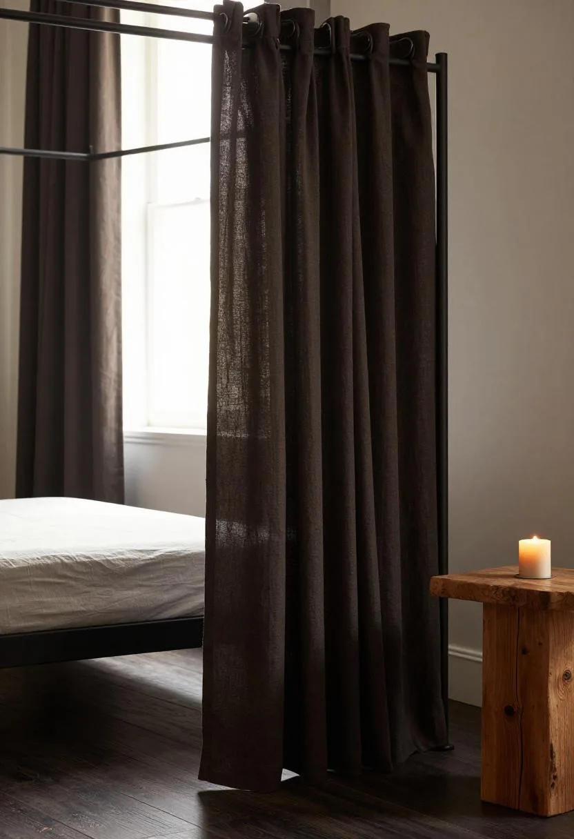 Blackened iron canopy bed with espresso linen drapes bathed in golden hour backlight