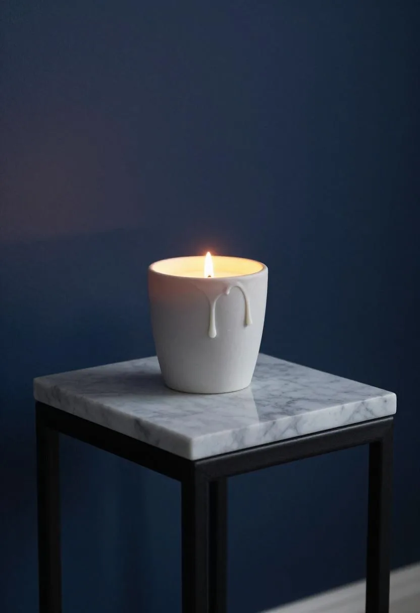 Blackened steel nightstand with marble top and a lit beeswax taper candle against a deep navy wall