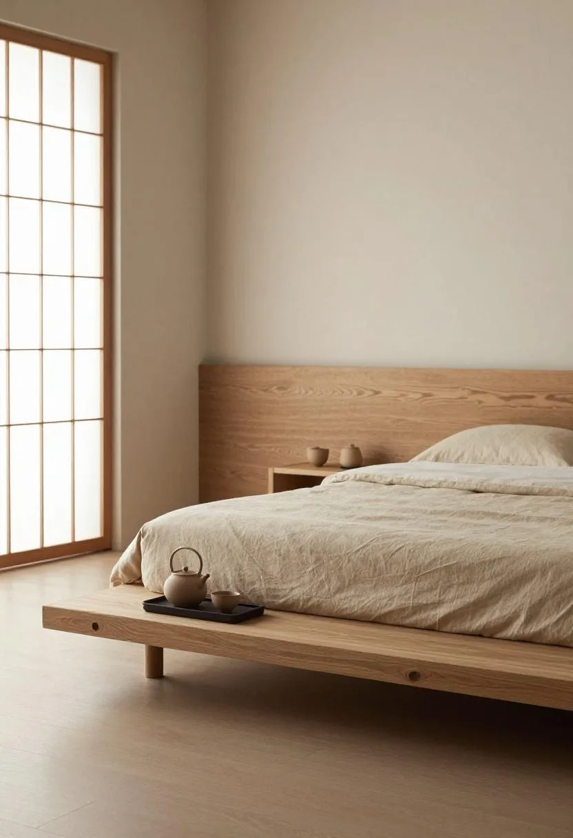 Bleached ash platform bed with camel linen bedding and a clay tea set on a low oak tray