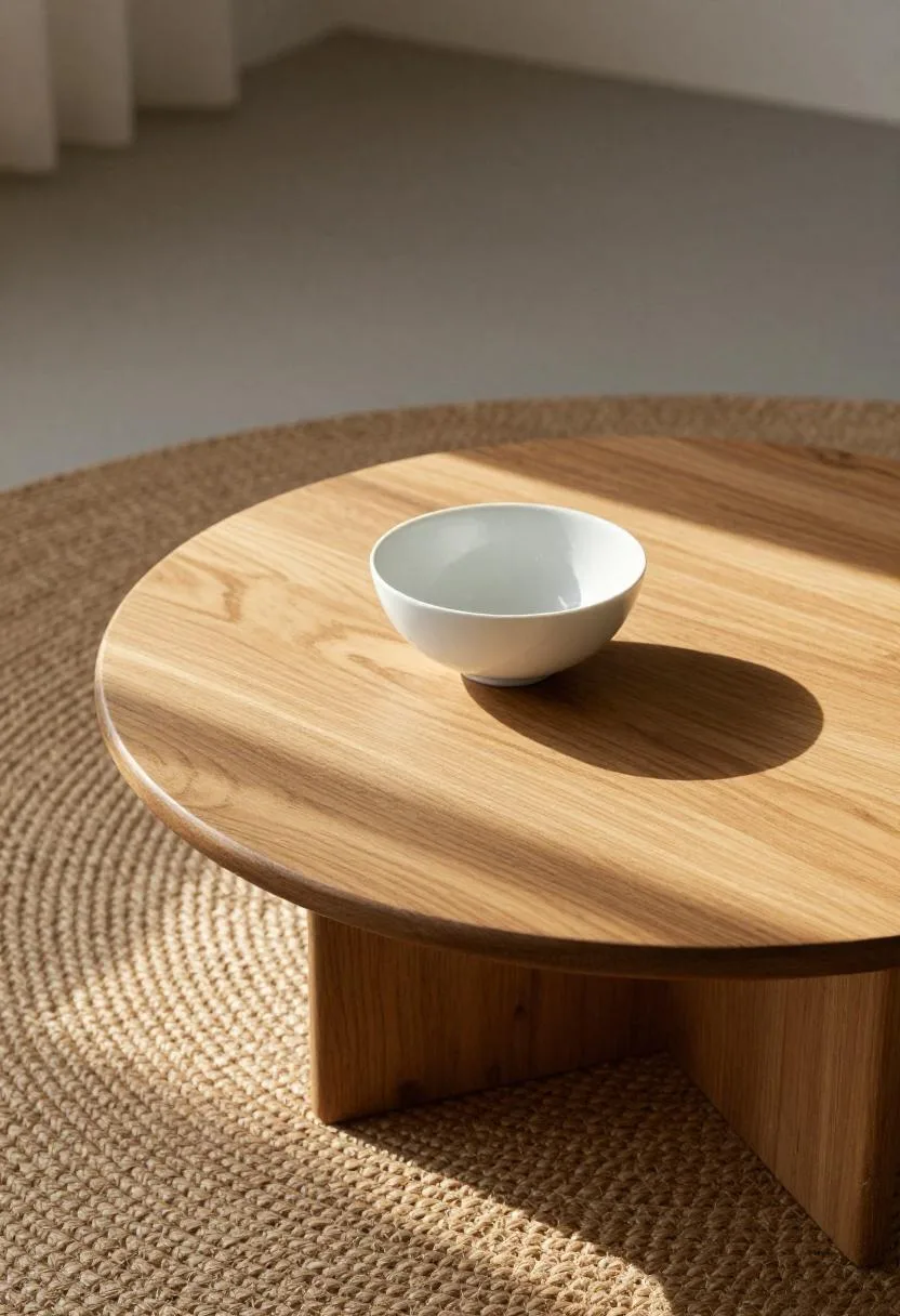 Overhead view of a bleached oak coffee table centered on a jute rug with a simple white ceramic bowl in warm golden light
