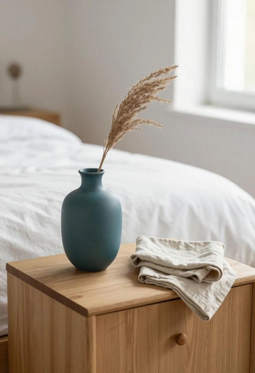 Bleached oak nightstand with deep teal ceramic vase and dried pampas grass stem