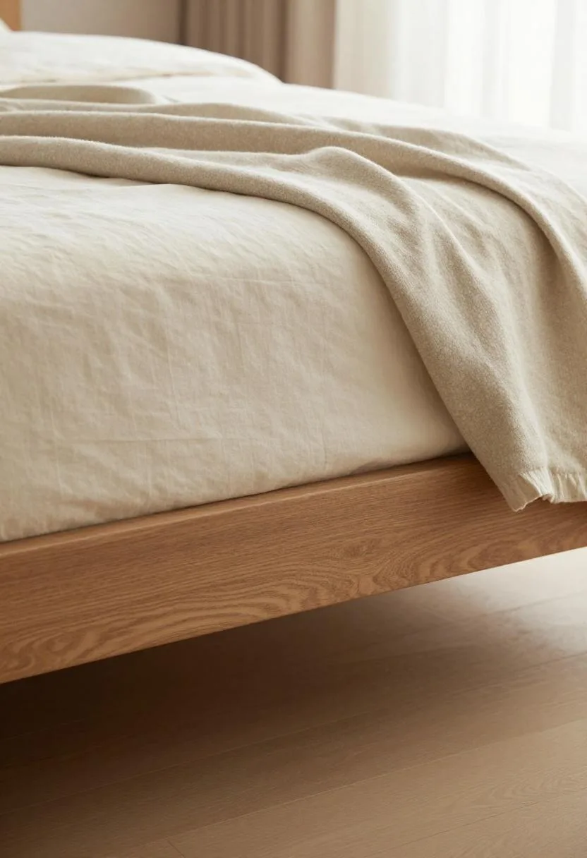 Bleached oak platform bed foot with cream linen and a heavy stone grey wool throw