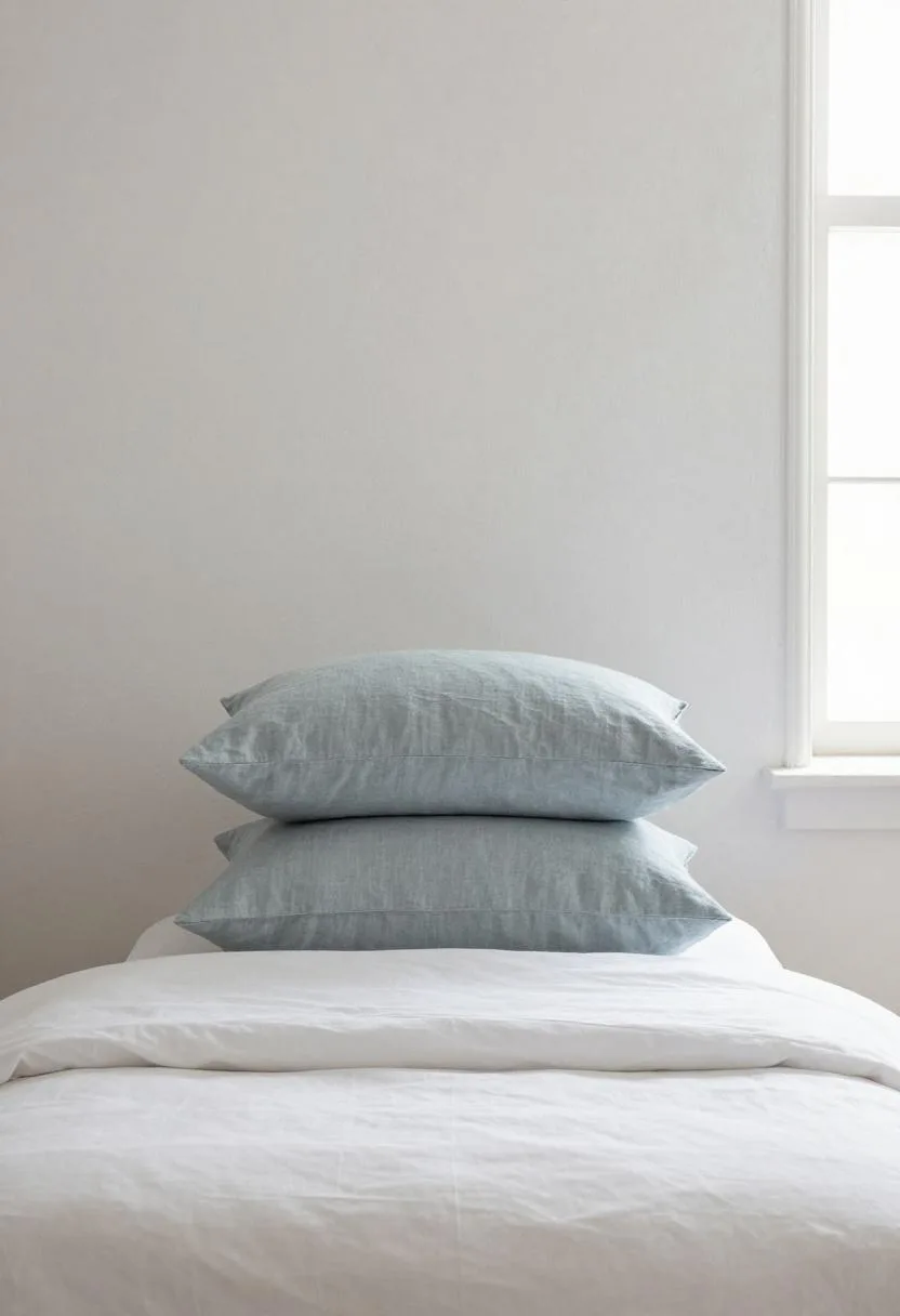 Soft blue-grey linen headboard with layered pillows set against a whitewashed plaster wall