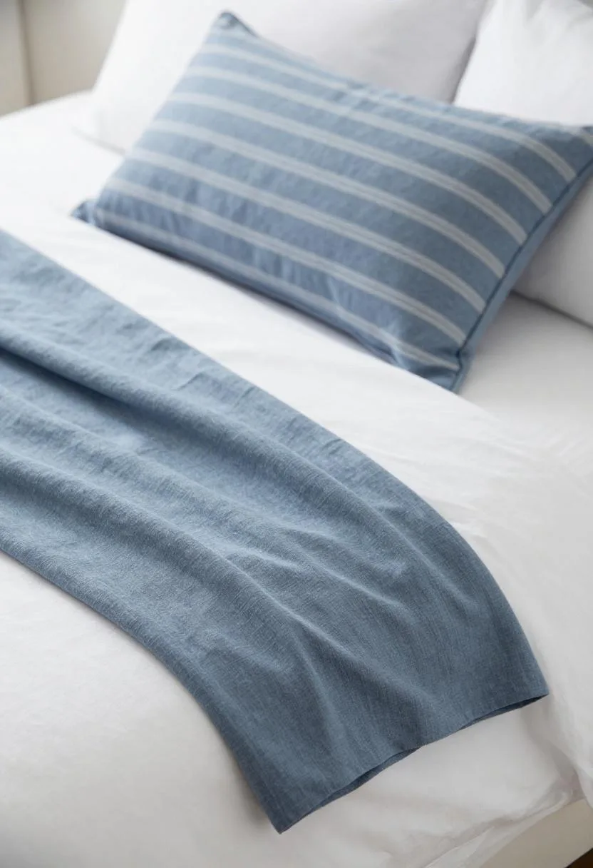 Blue-grey linen throw loosely draped across the foot of a white upholstered bed with a nautical-stripe pillow detail
