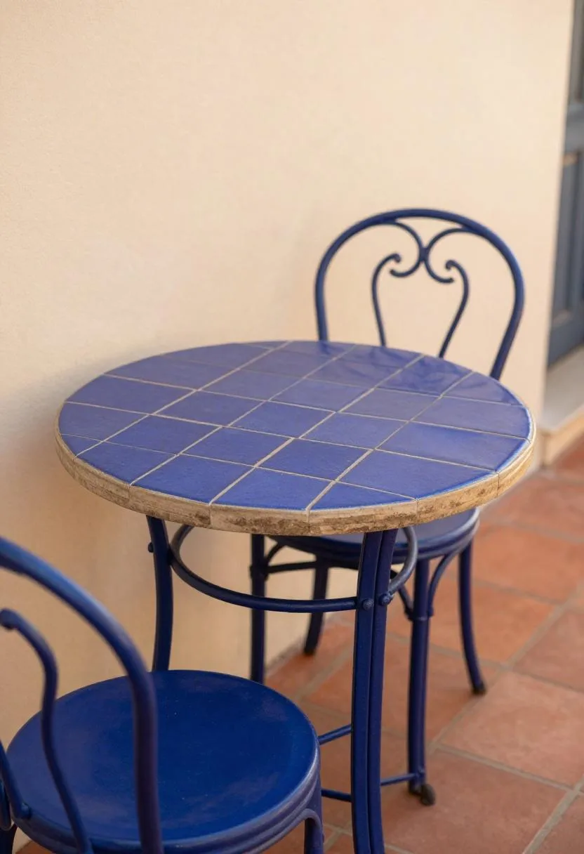 Hand-painted deep blue tile-top bistro table on a sun-drenched Mediterranean terrace corner