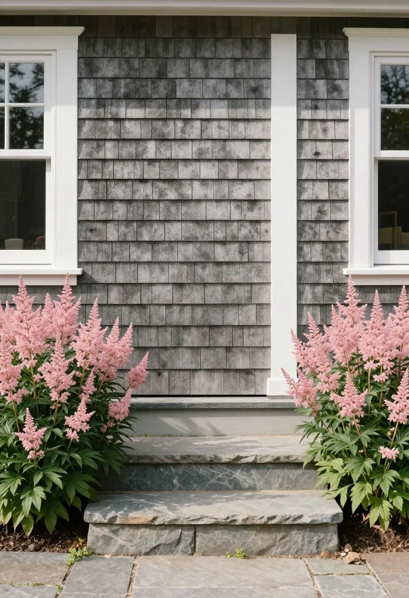 Bluestone-edged astilbe bed in soft pink against a cedar-shingle New England cottage facade
