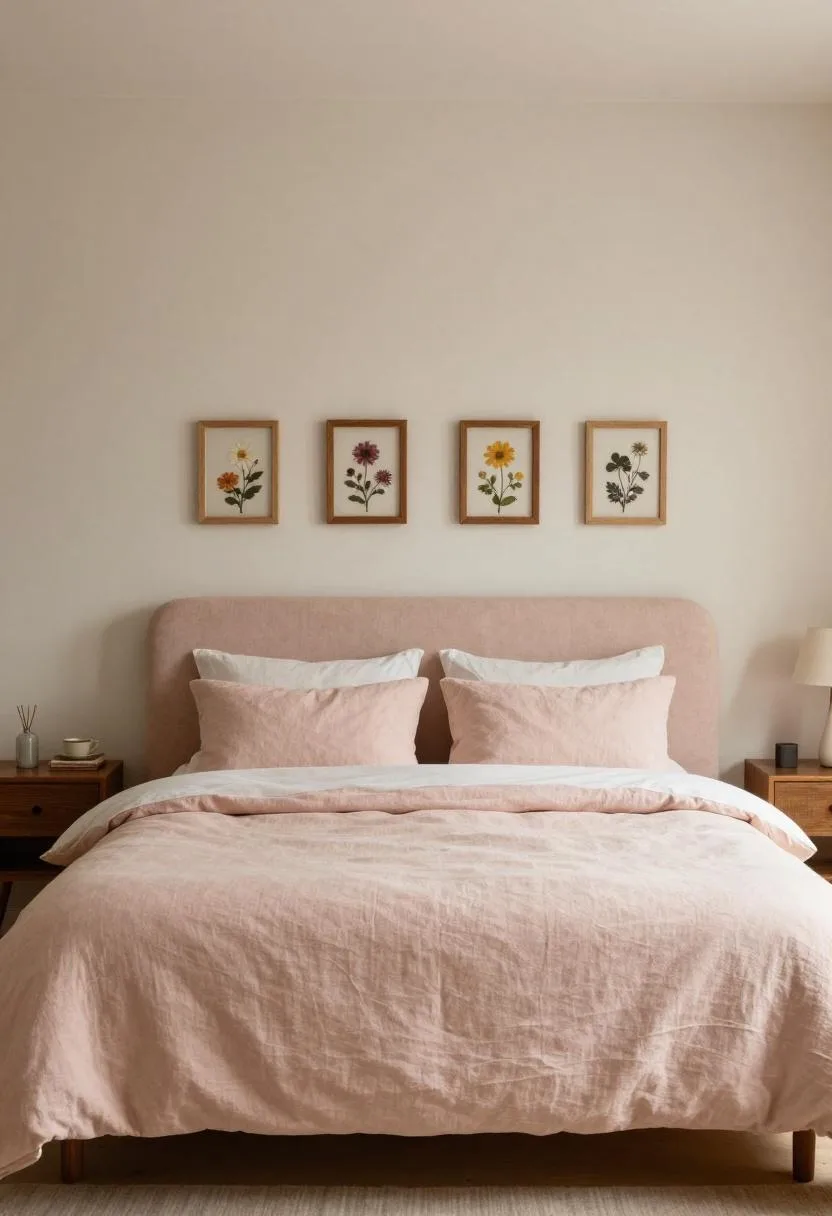 Blush linen bed with symmetrical pressed flower gallery wall behind it in soft diffused bedroom light