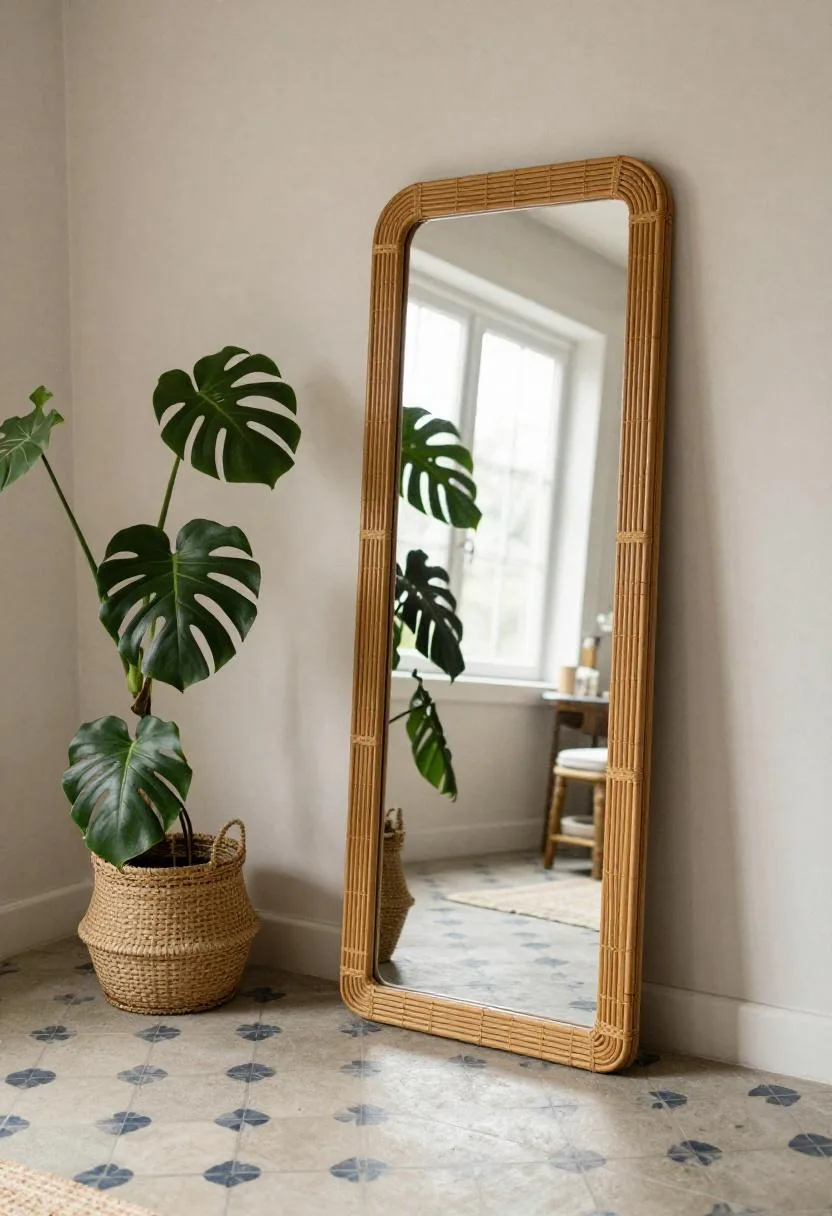 Full bohemian bathroom with a rattan floor mirror, patterned cement tiles, and a monstera plant in the corner
