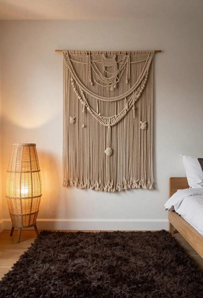 Bohemian bedroom with jute macramé headboard wall and espresso wool rug