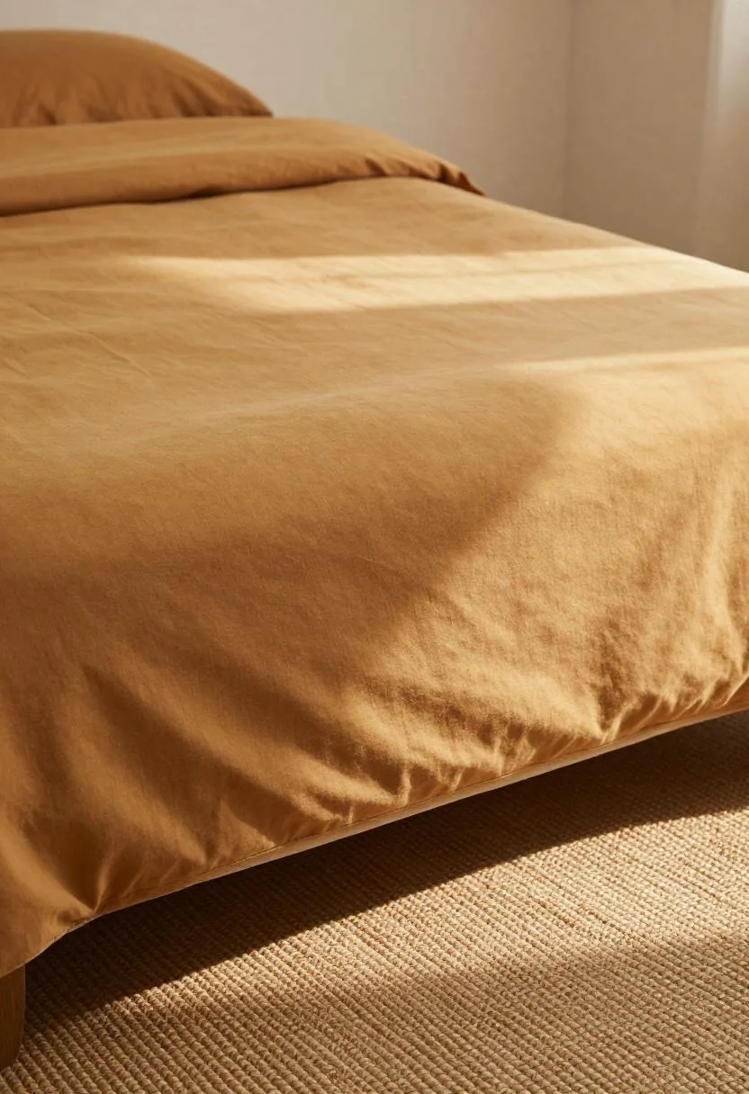 Caramel cotton bohemian platform bed with textured jute rug in warm afternoon light