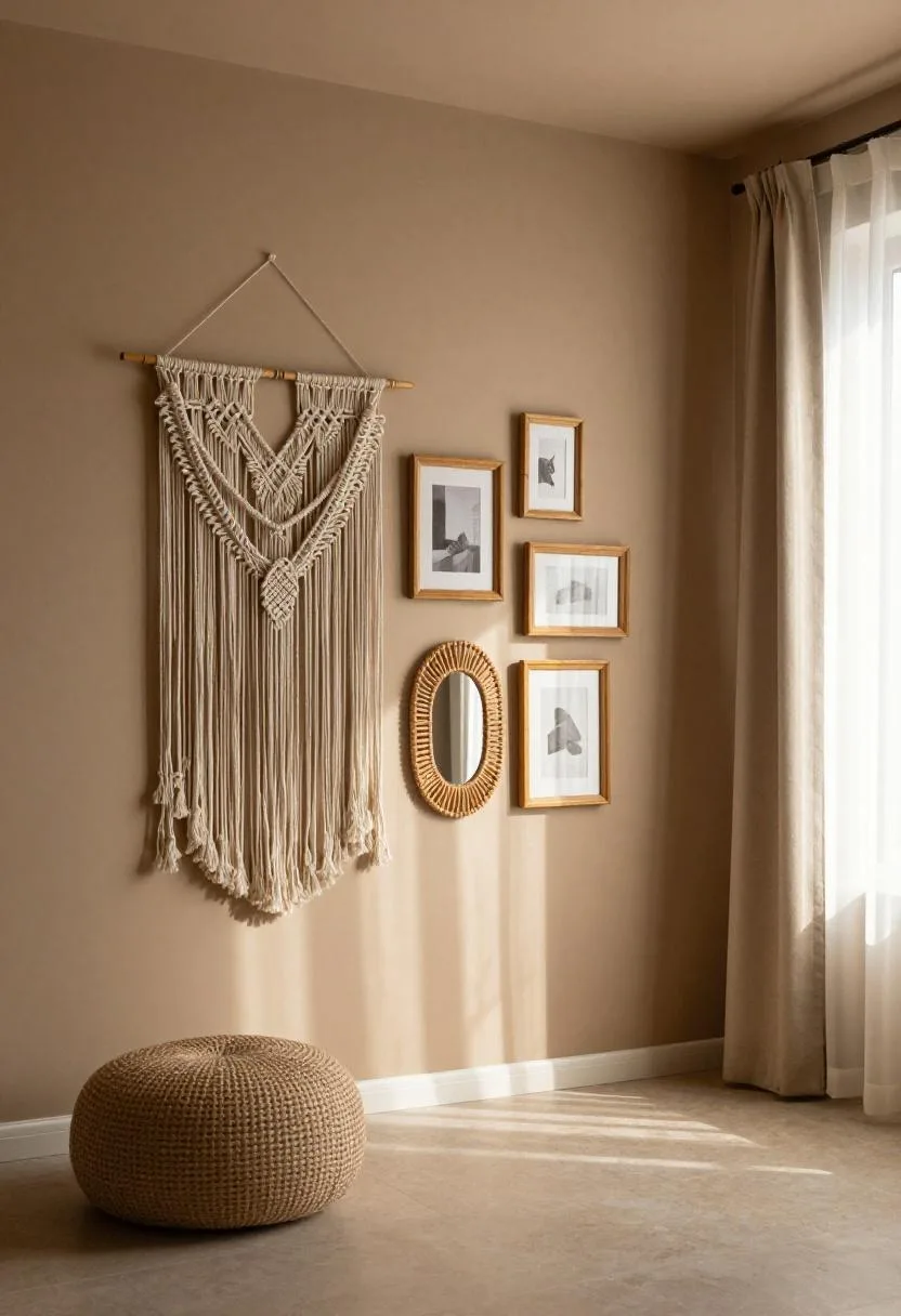 Bohemian gallery corner mixing macramé, bamboo frames, and rattan mirror
