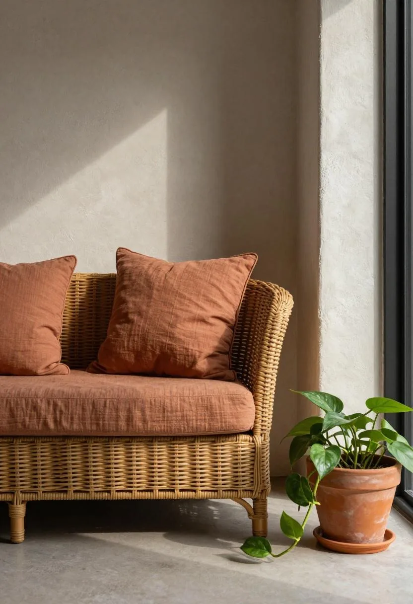 Interior design - boho patio rattan loveseat terracotta pothos corner