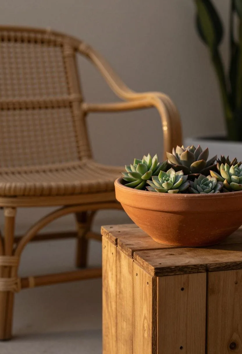 Terracotta succulent bowl on an acacia crate beside a rattan chair glowing in golden hour boho patio light