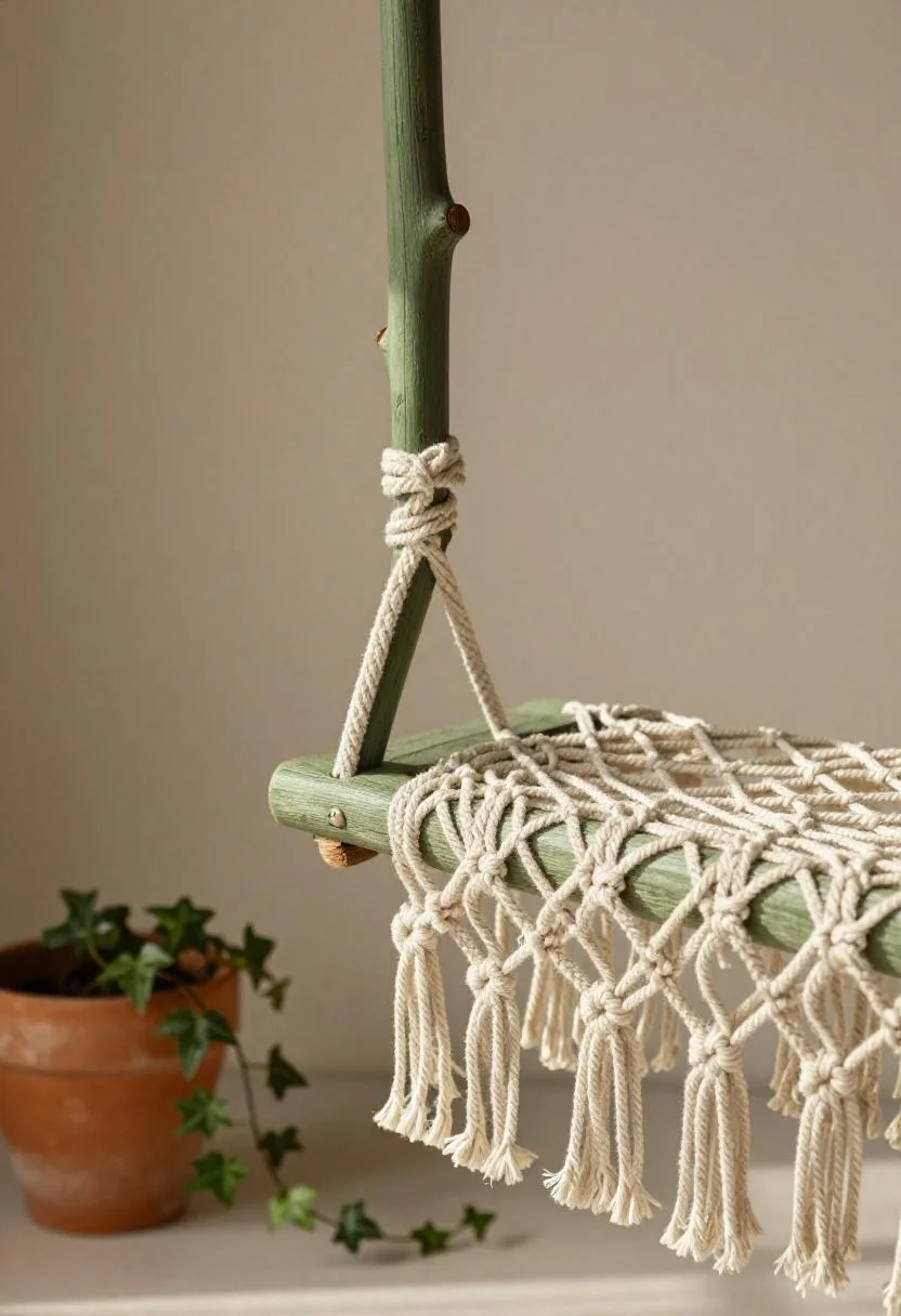 Boho sage oak branch swing with macrame cotton seat and trailing ivy pot beside it in a garden