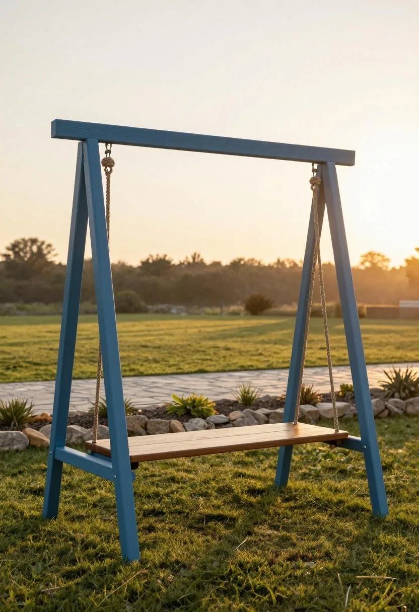 Bold cool blue cedar swing with tan hemp ropes and walnut seat on a garden lawn