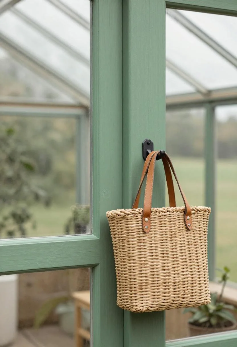 Bold forest-green greenhouse door frame with a rattan tote hanging from a wrought-iron hook