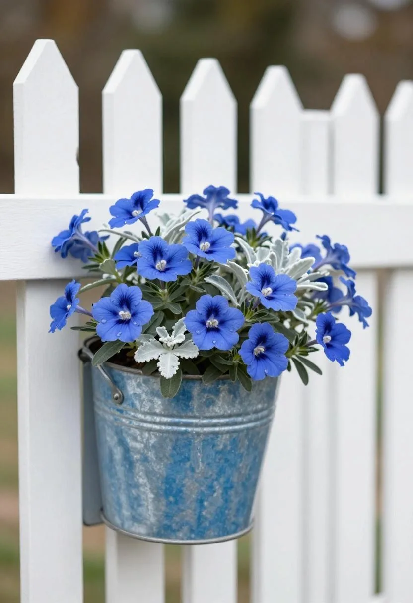 Bold ocean blue galvanized steel bucket planter on a picket fence post overflowing with cobalt lobelia and dusty miller