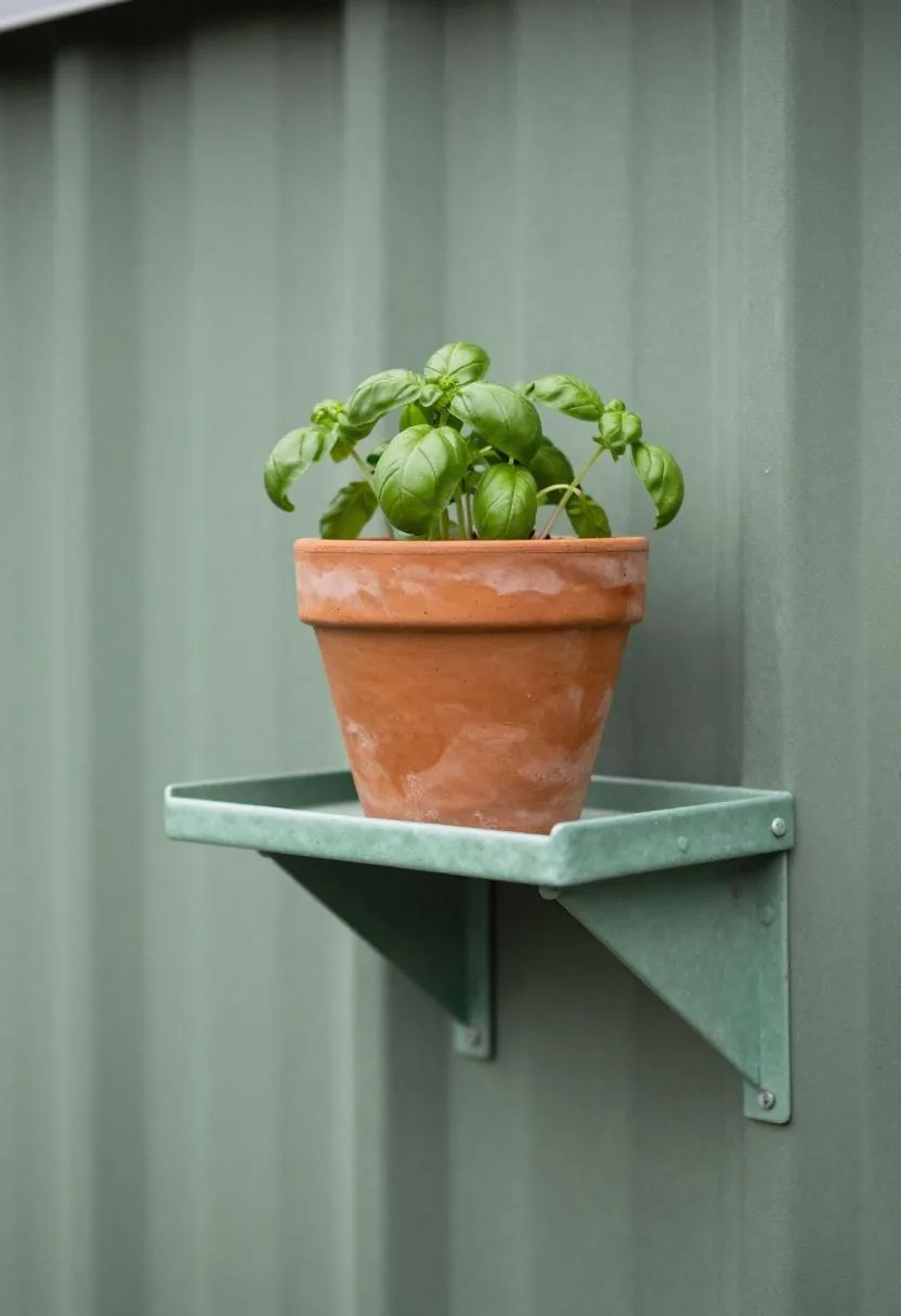Bold Jade cast-iron greenhouse shelf with a terracotta herb pot against corrugated sage steel