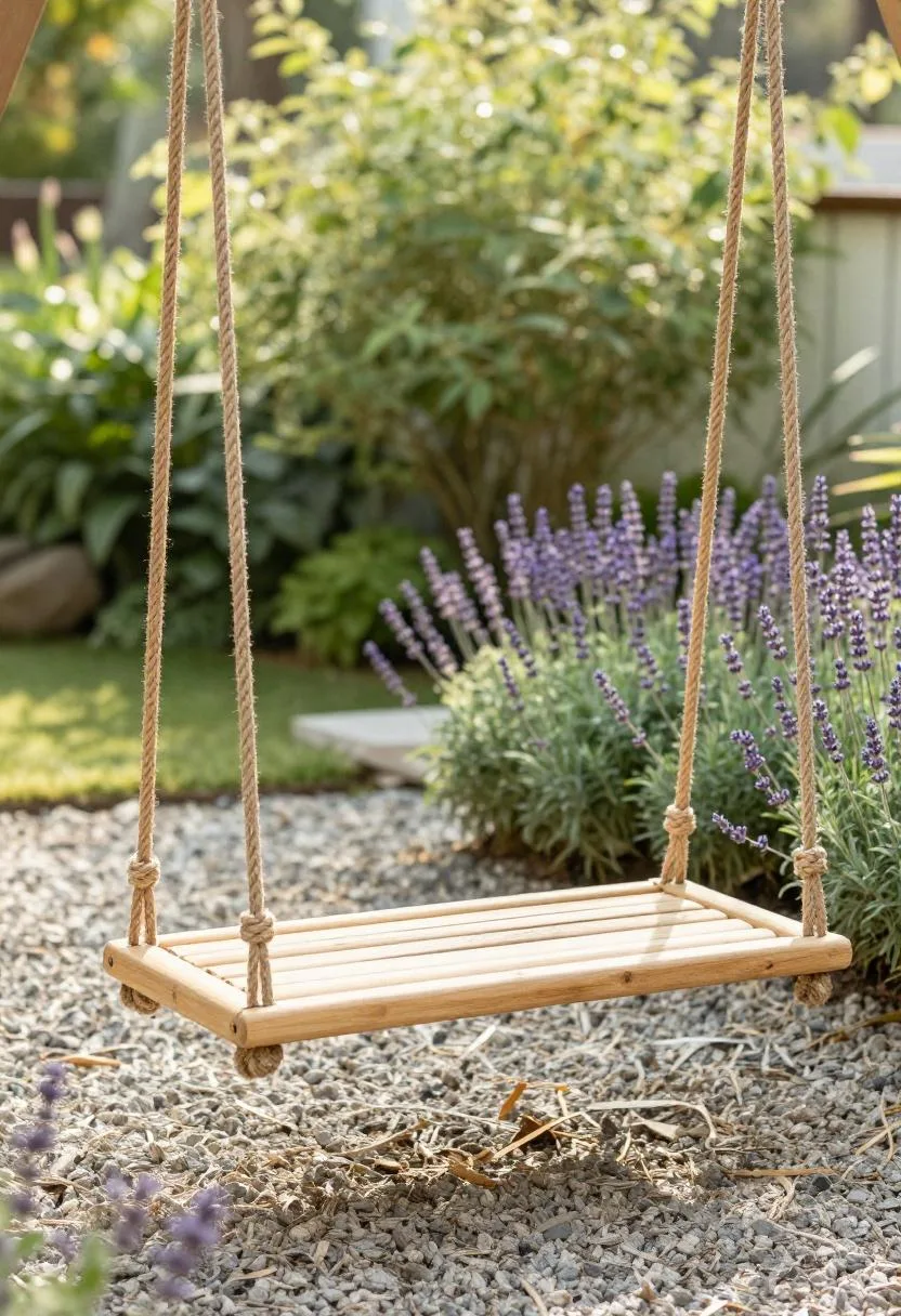 Bold jade cedar swing with jute ropes and bamboo slat seat beside lavender bushes