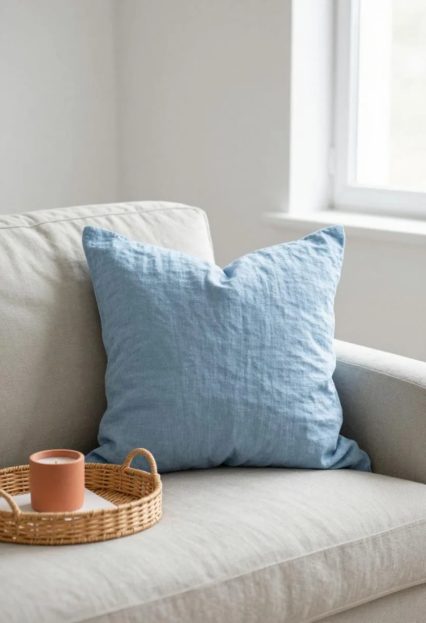 Spring bedroom corner with a cool blue linen pillow and a wicker tray arranged on the windowsill