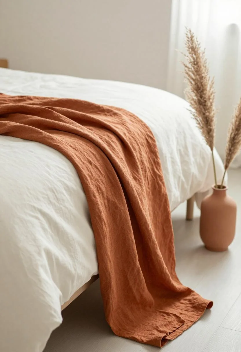 Bold spring bedroom corner with a persimmon linen throw draped over a chair and a terracotta pampas grass vase