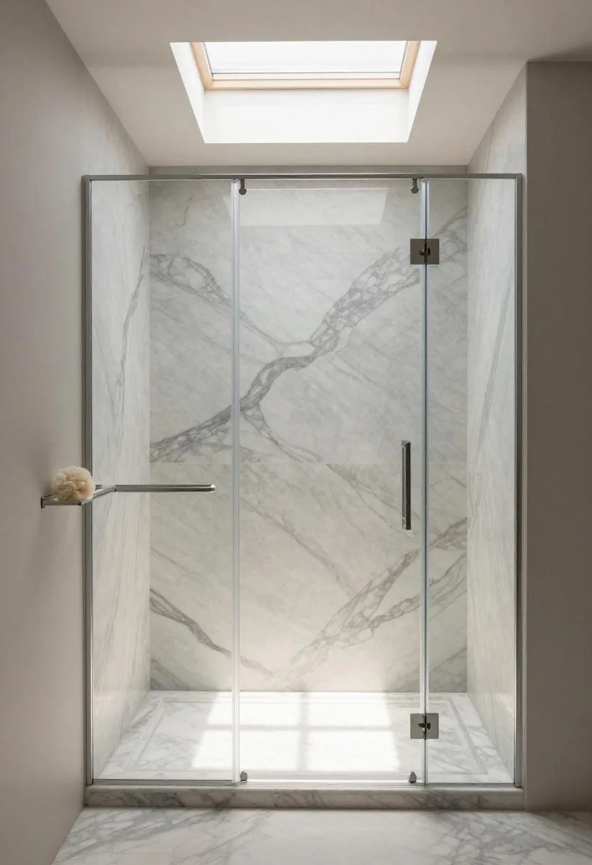 Bookmatched Calacatta marble slab shower walls with dramatic gray veining and a polished chrome corner shelf