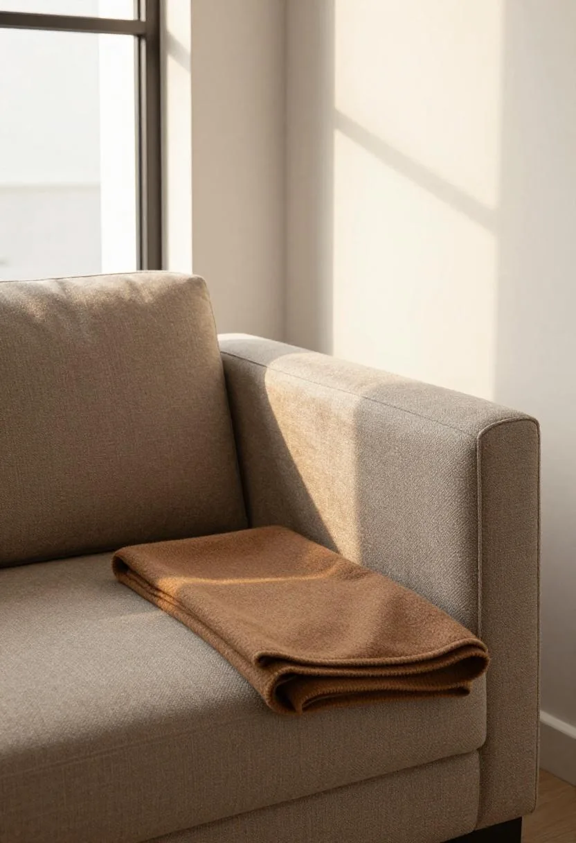 Boucle window seat with a neatly folded merino wool blanket glowing in golden hour light