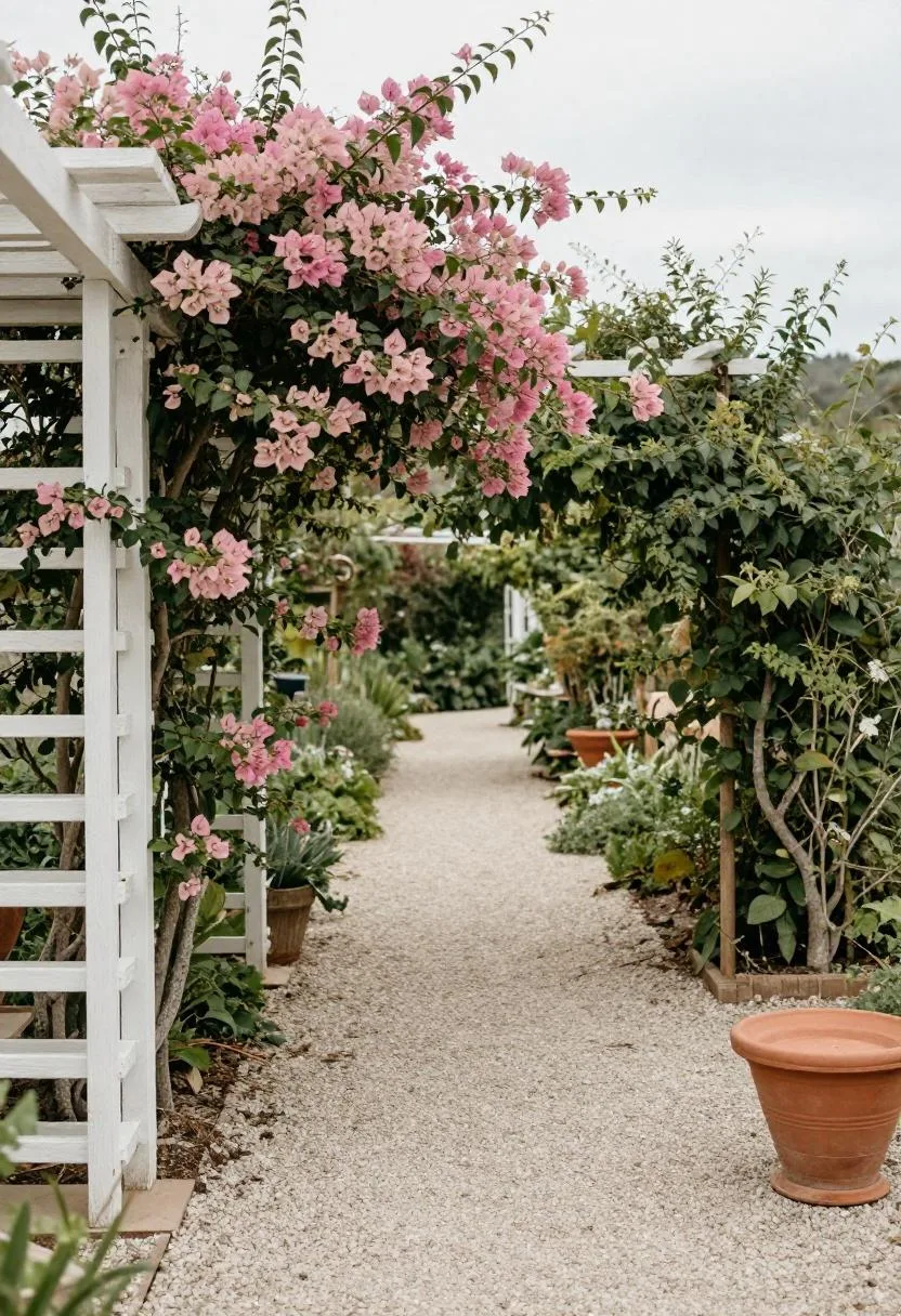 Dusty rose bougainvillea on a whitewashed trellis beside a gravel garden path with a terracotta birdbath