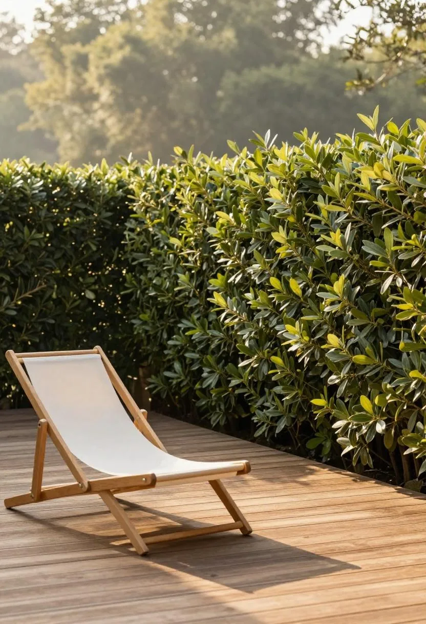 Clipped boxwood hedge creating a lush living privacy wall along a sunlit timber deck
