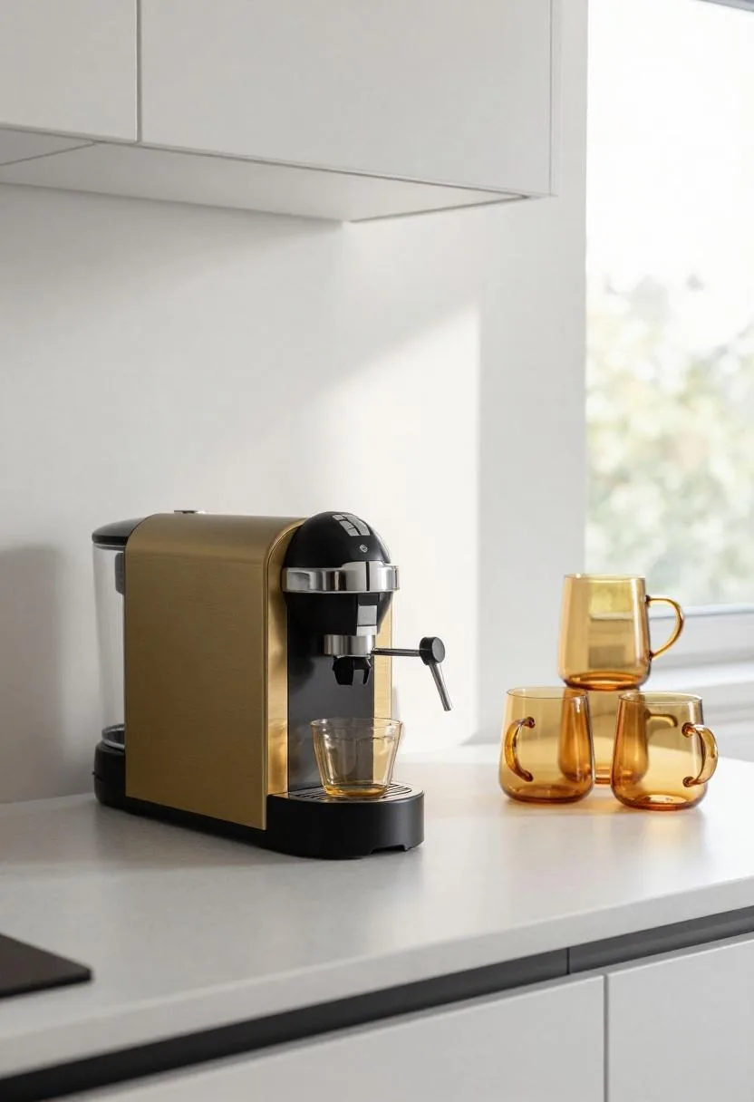 Brass capsule coffee machine and amber glass mugs arranged on white quartz counter in a transitional kitchen