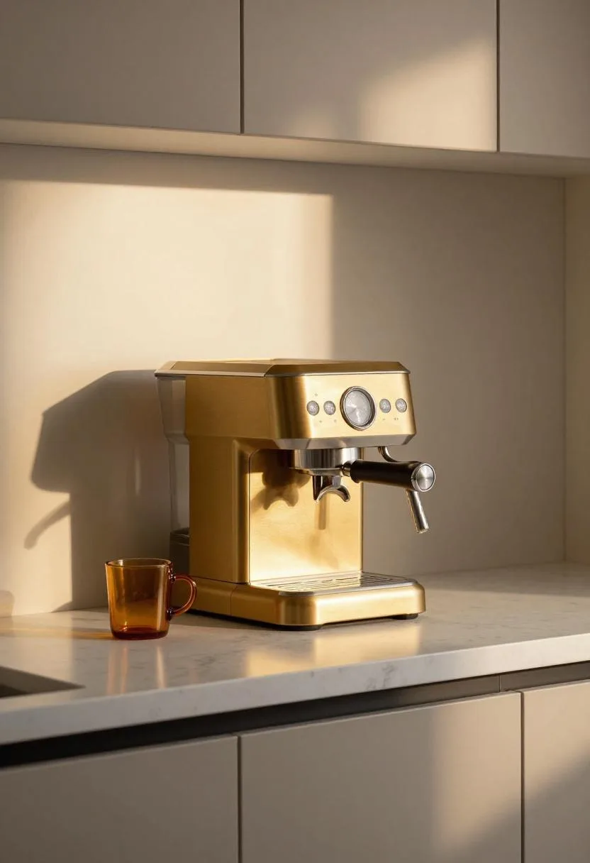 Brass espresso machine on white quartz counter with amber glass mug in golden morning light