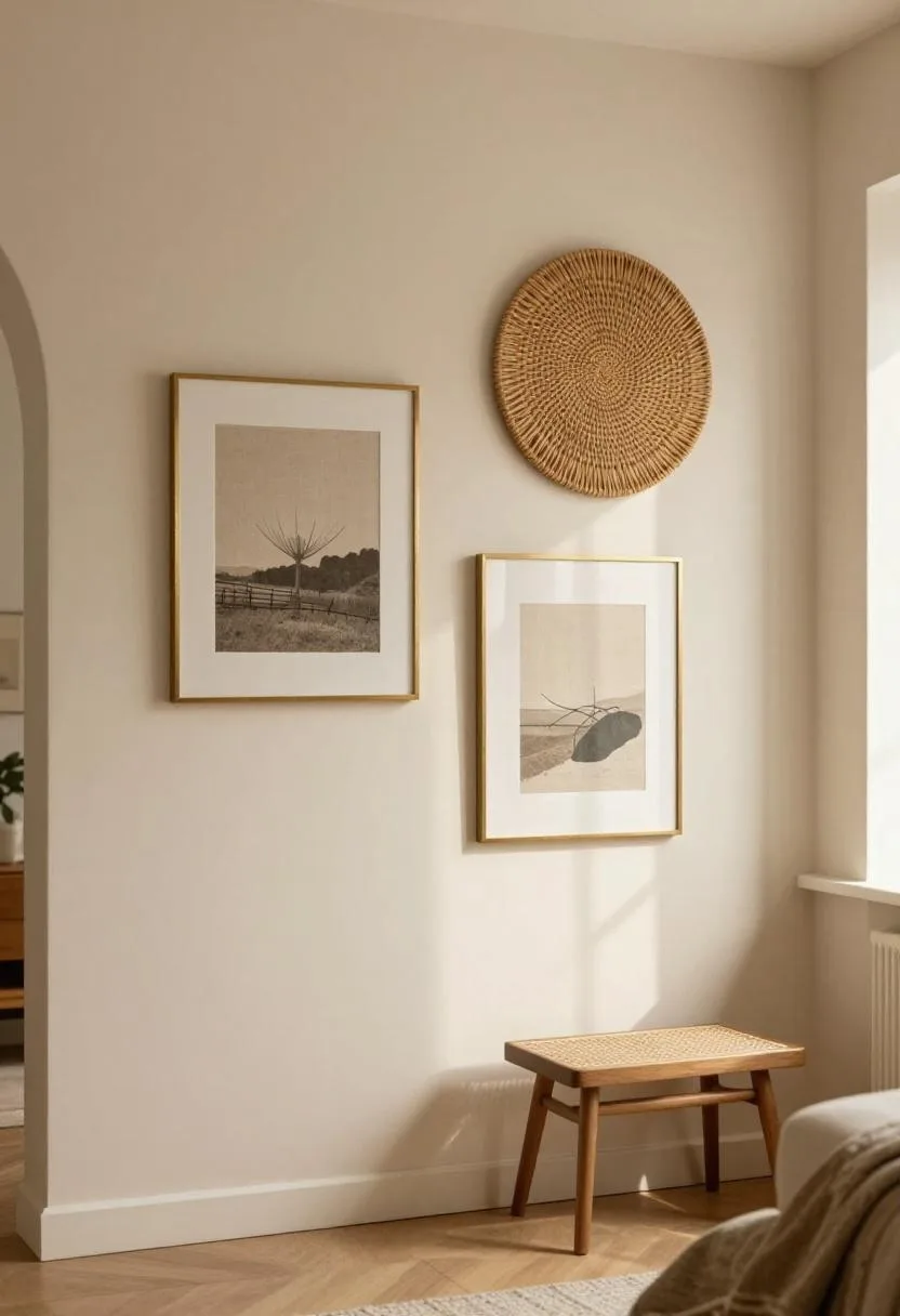 Mixed brass-framed prints and wicker wall accent in a warm sand gallery triangle