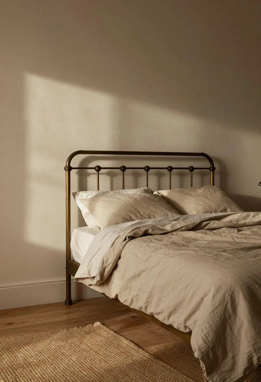 Brass iron bed frame with warm greige cotton bedding and natural jute rug in long morning shadows