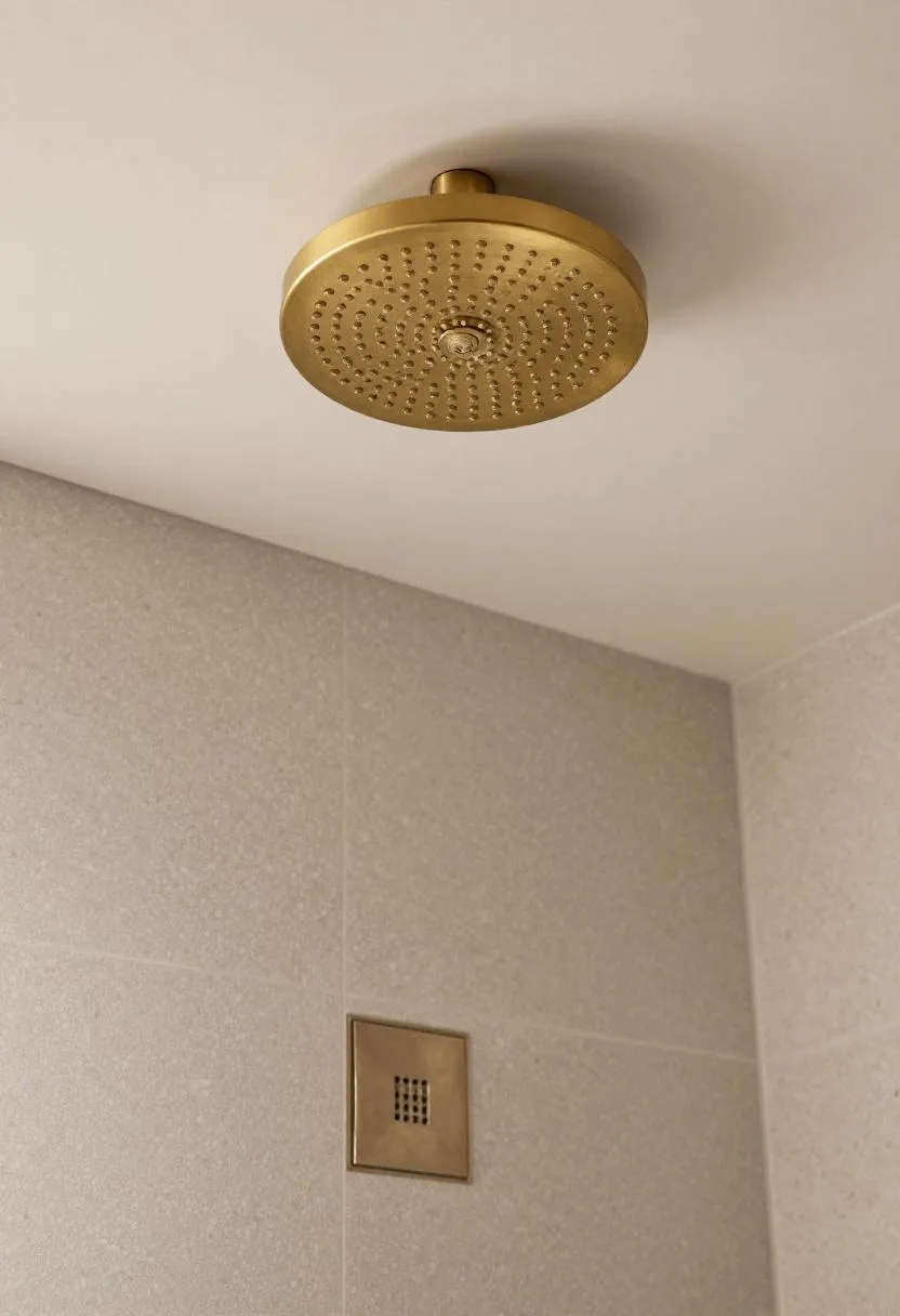Overhead close-up of brass rain showerhead above taupe terrazzo wet room floor