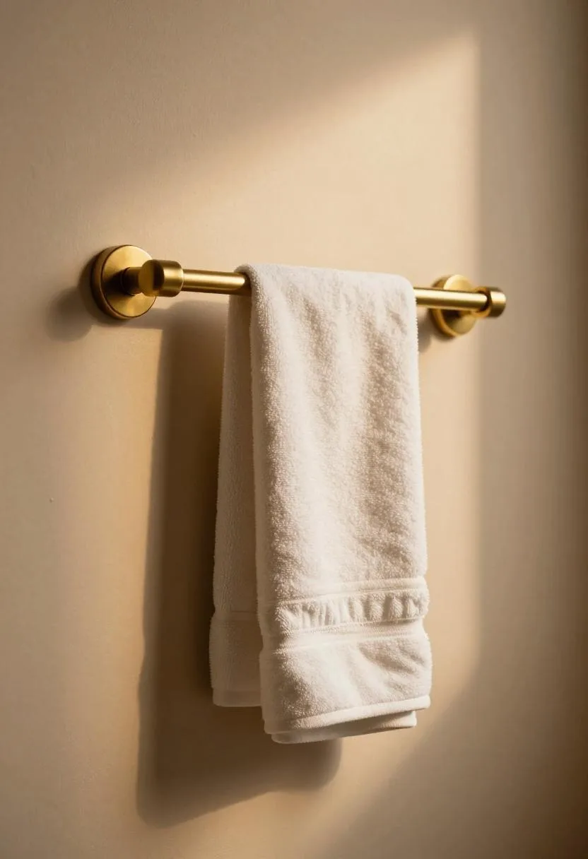 Brass towel bar mounted on a sand plaster wall with a neatly rolled Turkish cotton towel hanging from it in warm golden light