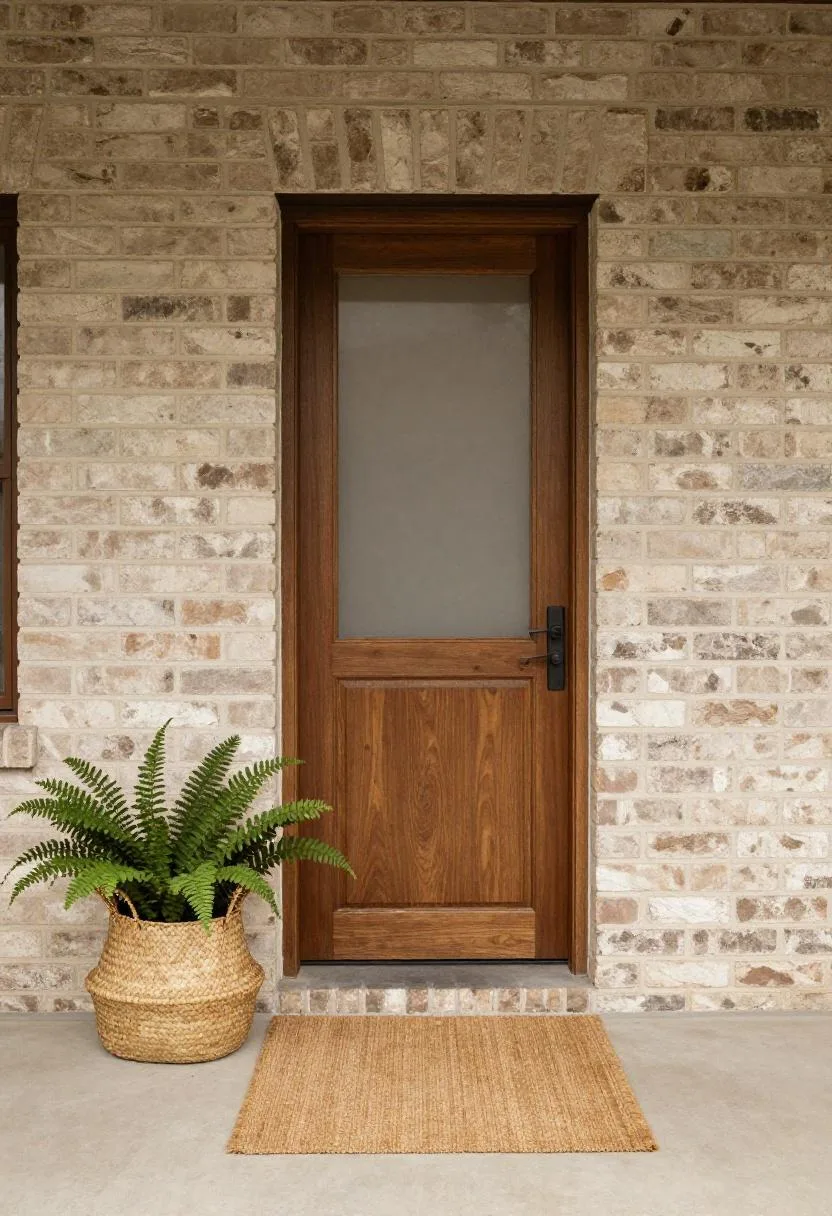 Brick cottage entry with a seagrass fern basket placed to the side and a tan coir doormat at the threshold