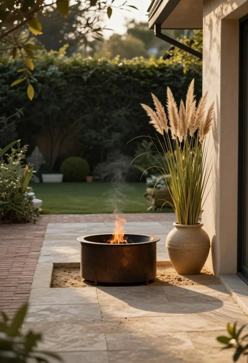 Brick garden path leading the eye toward a fire pit patio with ornamental grasses framing the entrance