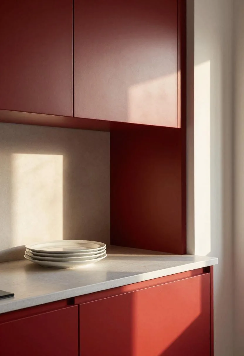 Brick red shaker upper cabinets paired with stacked white ceramics on an open linen shelf