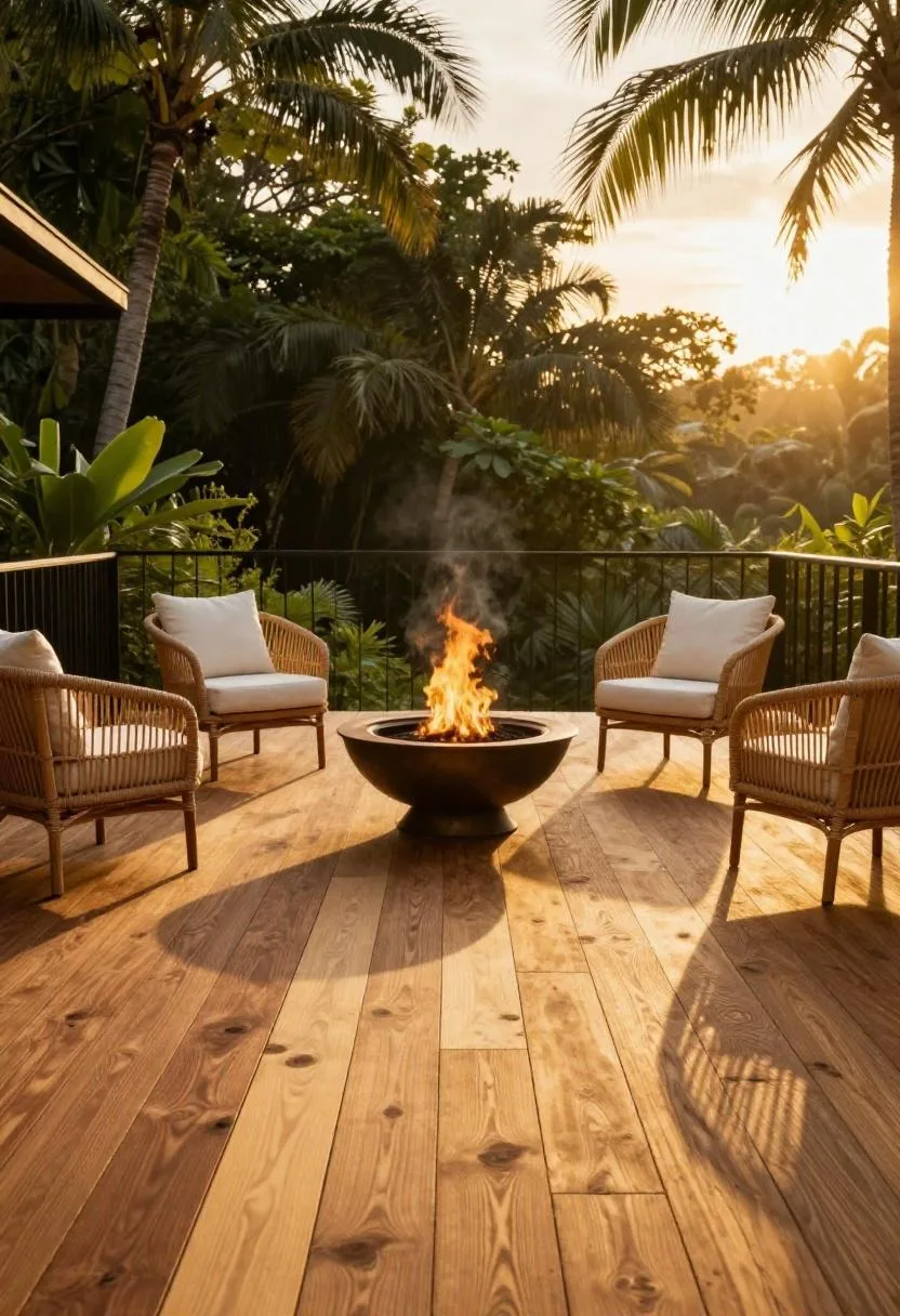 Bronze fire bowl glowing between rattan chairs at the edge of a tropical ipe deck at golden hour