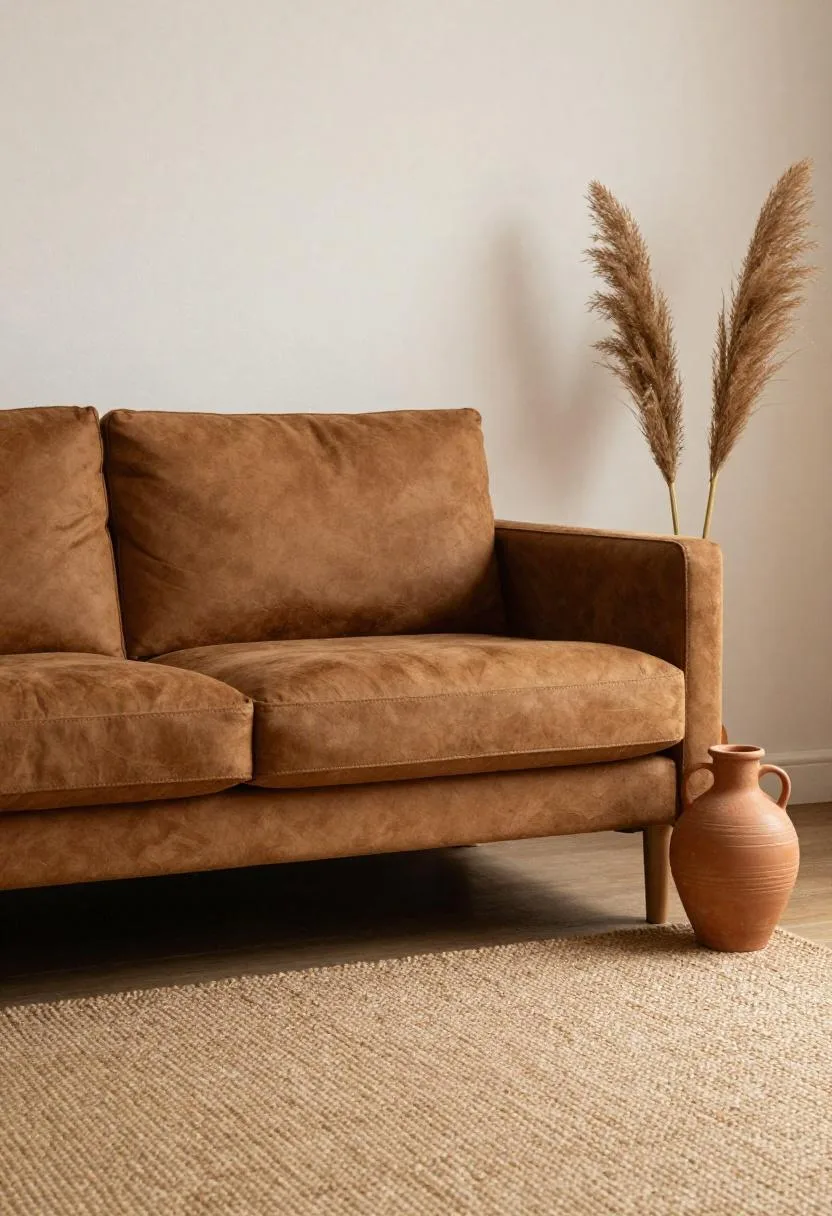 Brown suede sofa with pampas grass in a terracotta vase on a sisal rug