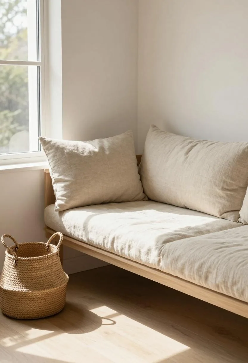 Built-in window seat with sandy beige cushions and a seagrass storage basket underneath in bright morning sun