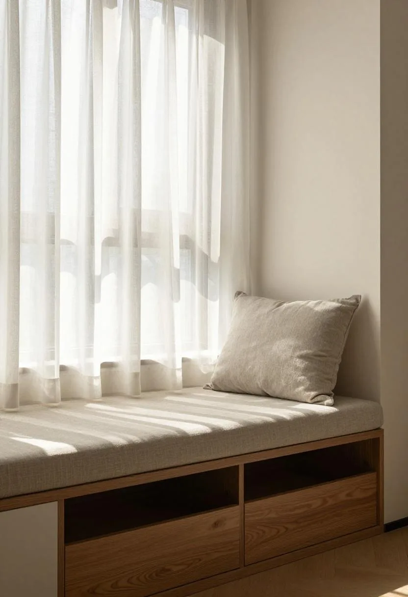 Built-in bedroom window seat with greige linen cushion and hidden walnut drawer storage beneath