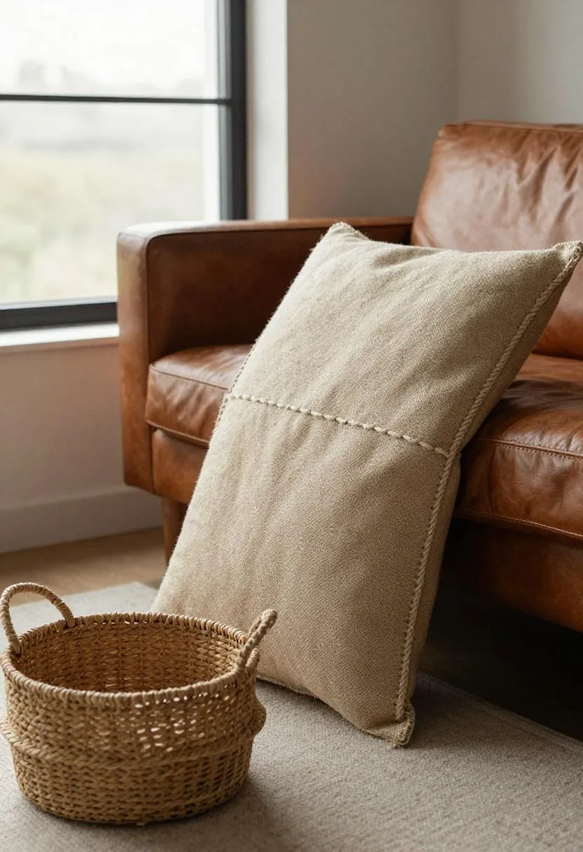 Natural burlap pillow on a leather sofa beside a woven seagrass storage basket