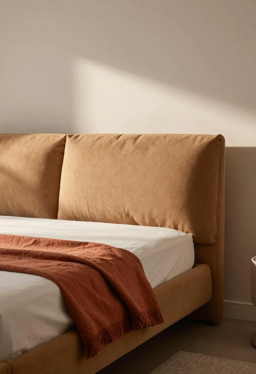 Camel bouclé platform bed with terracotta linen bedding in warm afternoon light