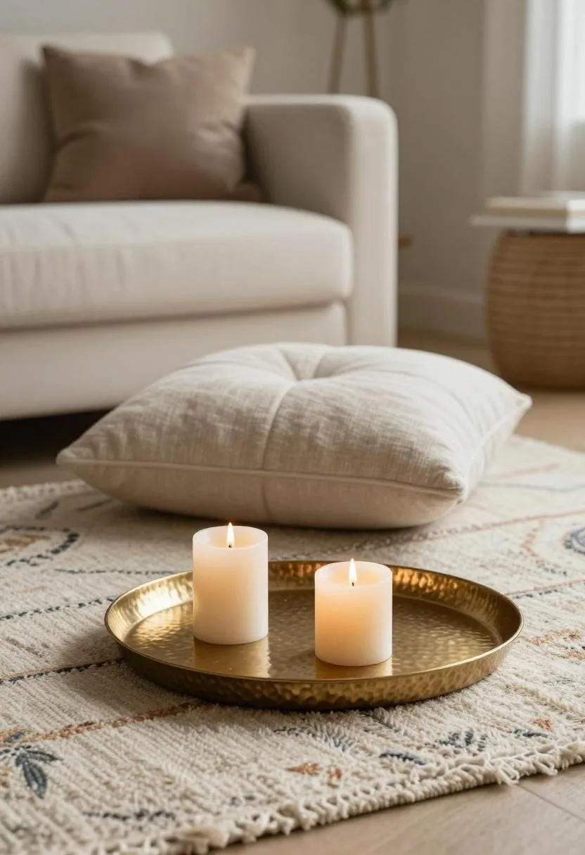 Camel linen floor cushion resting on a vintage kilim rug with a brass tray holding pillar candles nearby