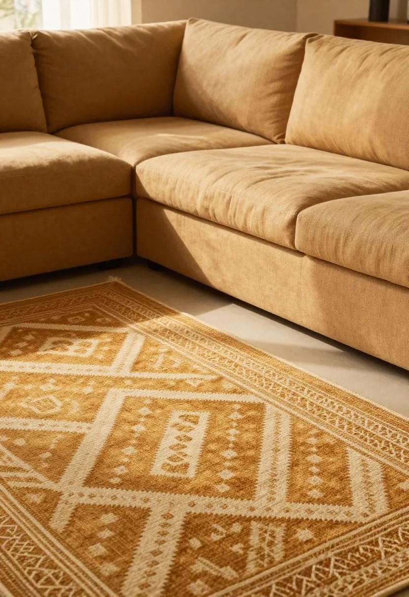 Camel linen sectional sofa positioned over a warm amber Moroccan wool rug in rich golden hour light