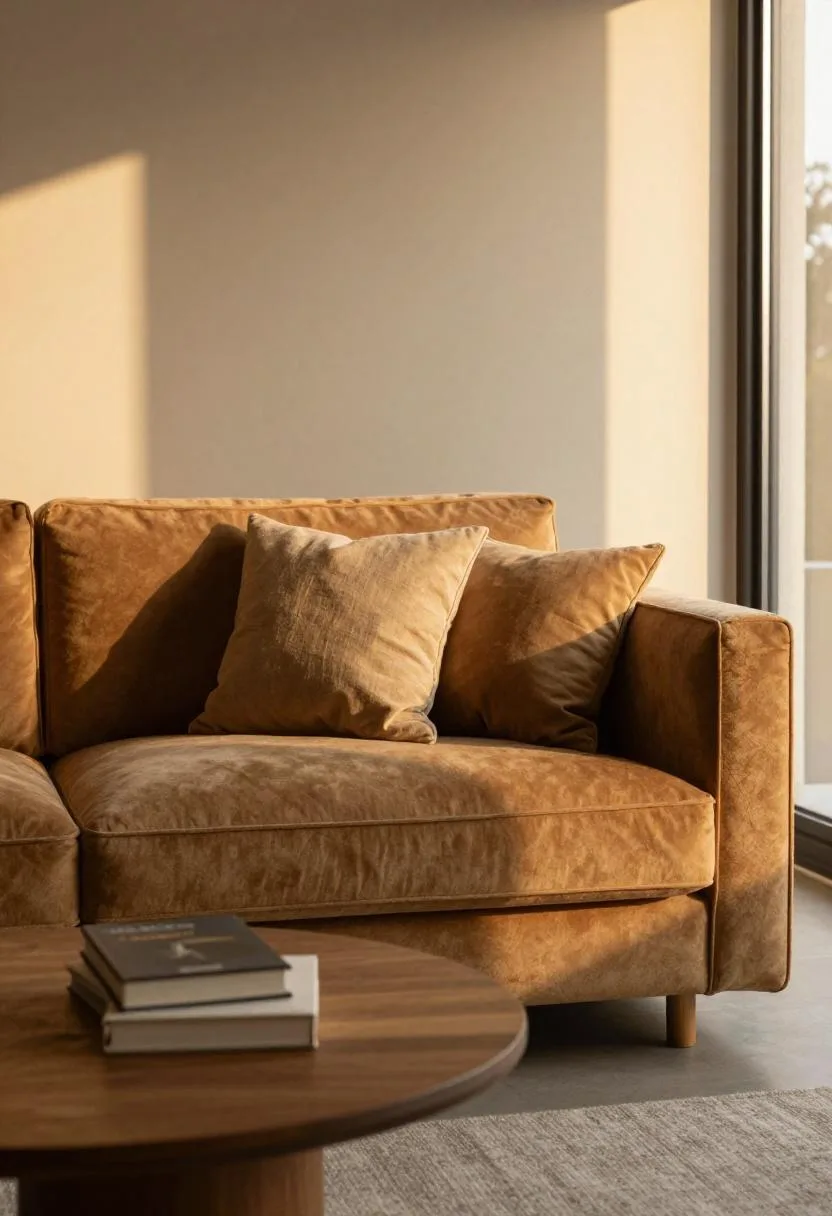 Camel velvet sofa with oak coffee table bathed in golden hour light