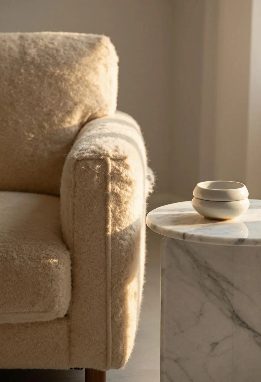 Camel wool armchair beside a marble side table in golden evening light