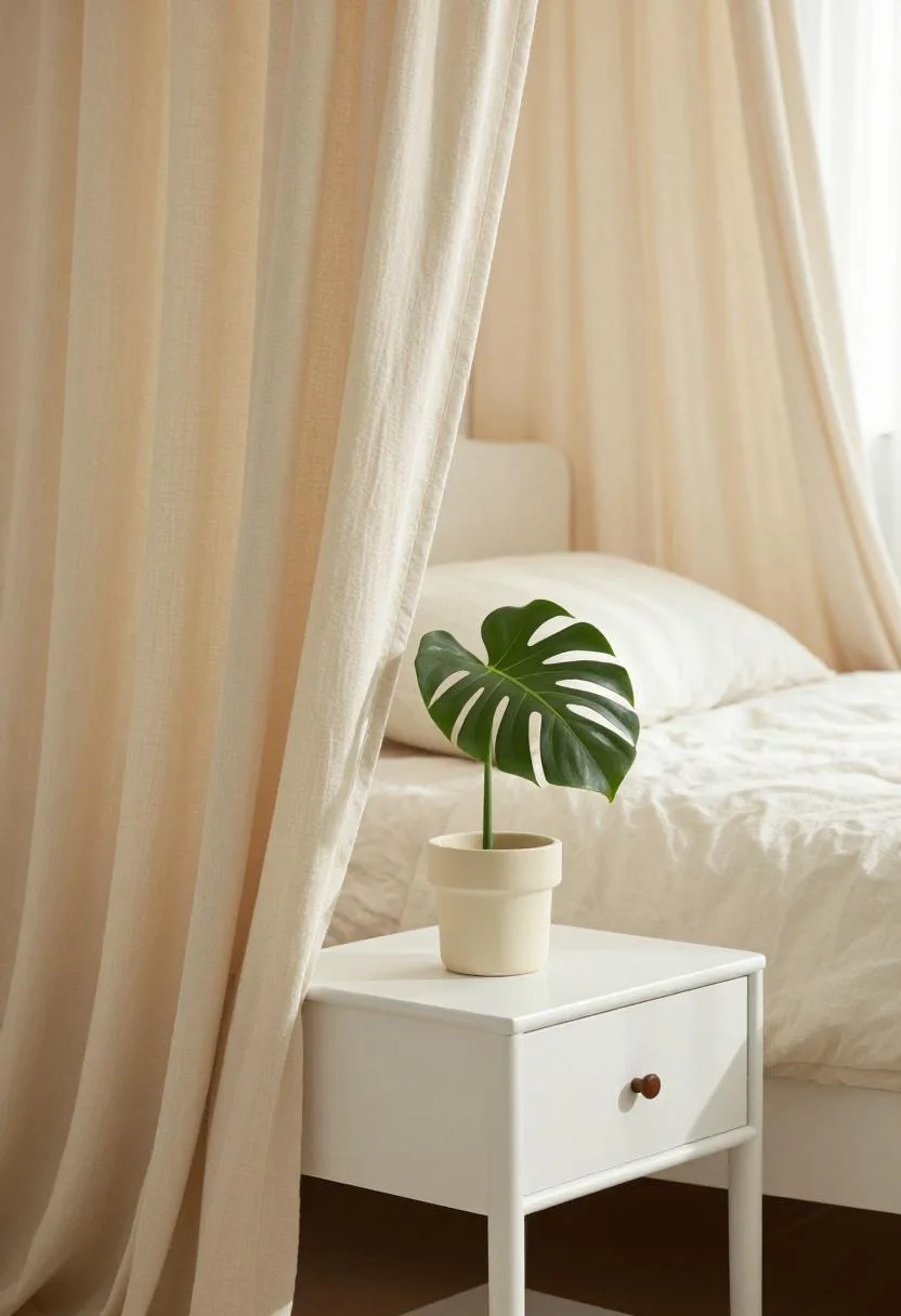 Canopy bed with cream gauze drapes and white oak nightstand holding a single monstera leaf in morning light