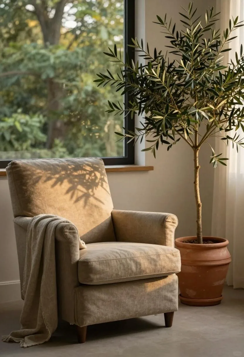 Canvas armchair paired with a potted forest green olive tree in afternoon backlight